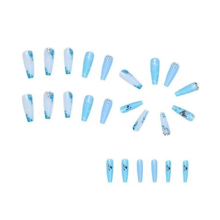 Isblå Fjäril Glänsande Lösnaglar Gradvis Förändring Strass Naglar Bärbara Press-on Naglar Heltäckande