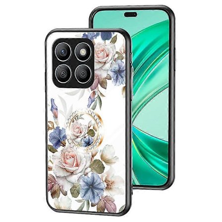 For Honor X8b 4G Etui Blomstermønster Hærdet Glas Telefon Etui Ring Støtteben
