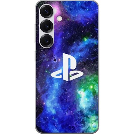 Kompatibelt Mobilskal till Samsung Samsung Galaxy S25 Playstation logotyp mot galaxbakgrund kosmisk gamingdesign med starka färger perfekt för gamer