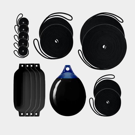 Mooring kit Moory Large, for boats 10 - 20 feet (3 - 6 meters), black (6 mooring lines + 4 fenders + 1 ball fender + 6 fender lines)