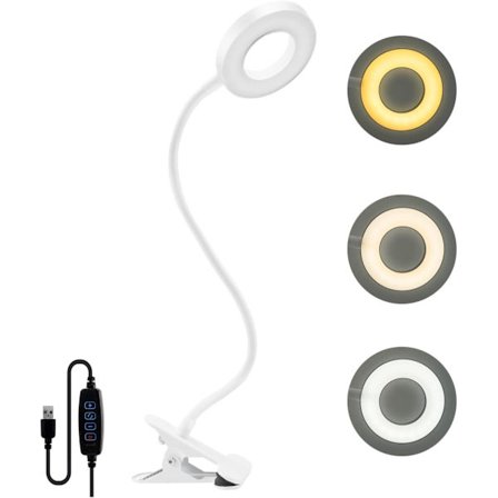 Klemme skrivebordslampe 48 LED-er Klips-på leselampe Justerbar lysstyrke USB seng klemmelampe LED skrivebordslampe for studie og arbeid, hvit