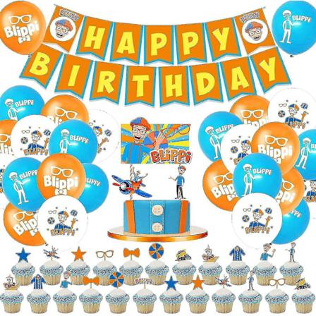 Födelsedagsfesttillbehör 68-dels set inklusive 1 förpackning Blippi Grattis på födelsedagen-banderoll, 24 st latexballonger