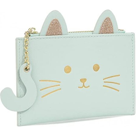 Kawaii plånbok för flickor söt katt smal kortfodral arrangör vegansk läder kvinnor liten dragkedja myntväska, kattöron grön
