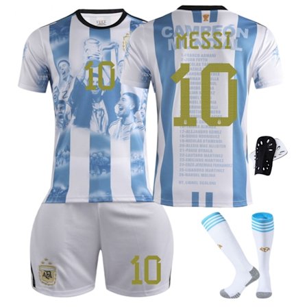 2023-2024 Argentina VM-mesterskab Commemorative Edition Fodbolddragt Sæt med Strømper og Knæbeskyttere - Nr. 10 MESSI (guld) #S