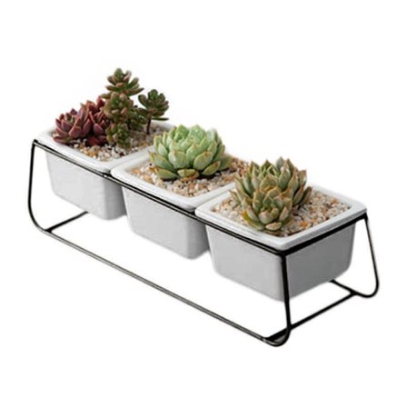 Nordisk smijern blomsterpottesett Enkelt tre potter En hylle Firkant Keramisk Keramisk jernramme for svarte keramiske blomsterpotter