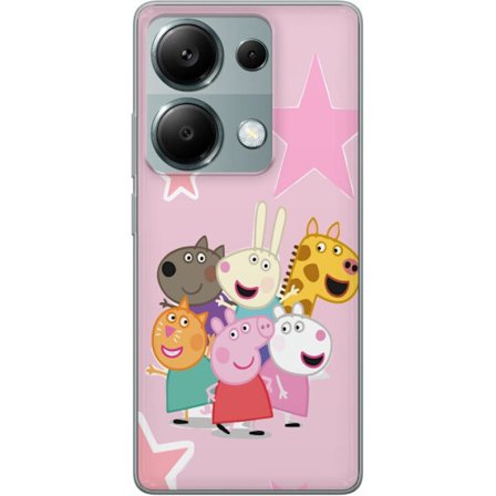 Yhteensopiva Puhelinkuori Xiaomi Redmi Note 13 Pro 4G Peppa Possu ja ystävät kerääntyneinä tähtien kanssa vaaleanpunaisella taustalla, värikäs lasten
