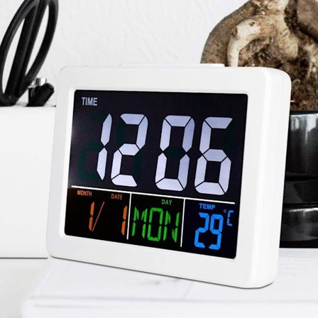 Digitalt vækkeur, LCD-storskærm, bordur, tid, dato, temperaturvisning, dekorativt vækkeur med lys til soveværelse, kontor (hvid)