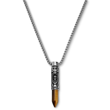 Rico | Collana con proiettile in acciaio inossidabile color argento e pietra occhio di tigre gialla per uomini - Collane in acciaio