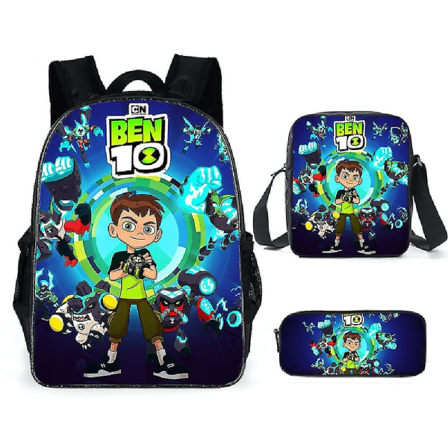 3 stk/sett Ben 10 veske Anime uformell skoleveske Polyester ryggsekk med pennal Messenger Bag