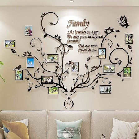 Hjortefamiliens Stamtræ Væghængt Dekoration Til Stuen, 3D Aftagelig Billedramme Collage DIY Akryl Klistermærker Med Hjortehoved Og Citater Familie Som