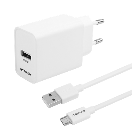 Essentials Wall charger 12W, USB-A Micro USB Cable 1m, White