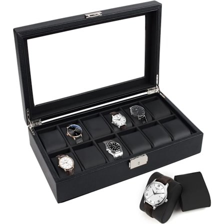 Herre klokkeboks, svart, skinn klokkeboks for 12 rom, W