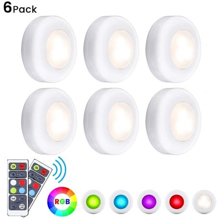 6-pakning LED-skaplamper, Vitrineskapbelysning, Nattlampe, Garderobebelysning, Fjernkontroll, Berøringslampe, Farge: Fargerik