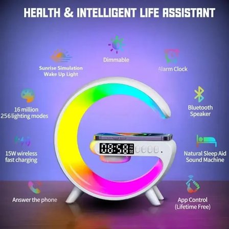 LED Bluetooth Speaker Alarm Clock With Wireless Charger Moon Lamp Night Light Music Home Decor Ornament Smart Light Gifts