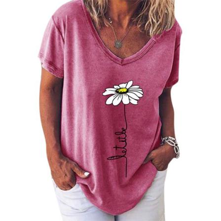 Kvinnor T-shirt V-hals Blomma Utskrift Top Kortärmad Lös