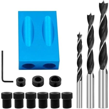 Skrå borejigg, lommehulljigg med 15" bor, snekkerposisjoneringsverktøy for trebearbeiding, hjørneboreguide med adapter for 6/8/10 mm hull