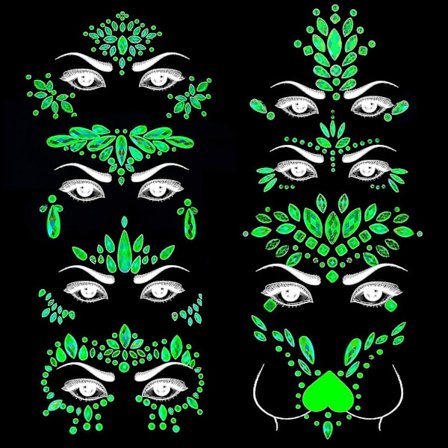 8 sæt Noctilucent Ansigtssten Rave Blacklight Kropsklistermærker Gløder i Mørket Lysende Ansigtsjuveler Fluo