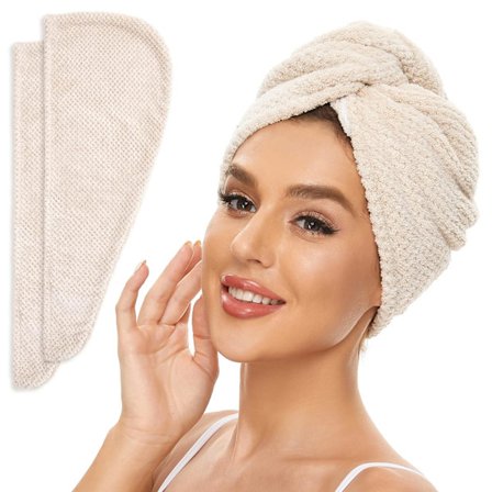 (Beige) 2-pakning Mikrofiber Hårhåndkle Wrap for Kvinner, Anti-Frizz Hurtigtørkende Hår Turban for Alle Hårtyper, Absorberende og Lett