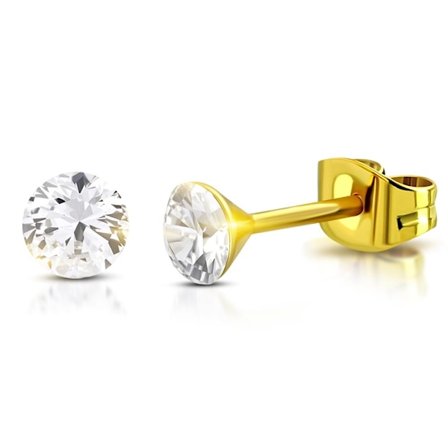 Stiftörhängen Stud Örhängen i Kirurgiskt Stål 316L i Guld Färg med Rund Klar/Vit Swarovski Kristall – 3 mm