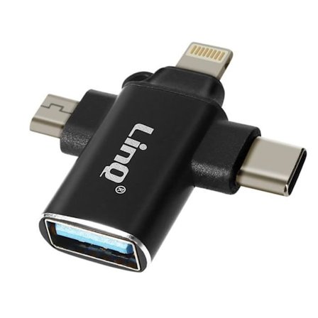 OTG-adapter - LinQ - 3 i 1 - USB-C, Micro-USB, Lightning - USB 3.0 - Svart