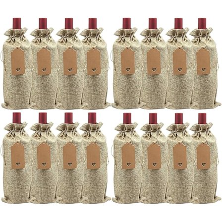 16-pak genanvendelige vinposer af jute med snøre og vedhæng - borddekoration, brun