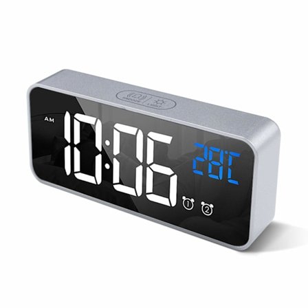 Digital väckarklocka med stor LED-temperaturdisplay, spegelalarm 4 nivåer justerbar ljusstyrka dimmer USB-laddningsport för sängbord, sovrum