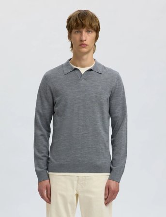 Selected Slhtray Ls Knit Merino Open Polo - Grey - M