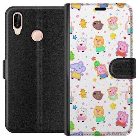Kompatibelt Lommeboketui til Huawei P20 lite Fargerike tegneserie dyrekarakterer i en leken stil med stjerner og prikker på en lys bakgrunn