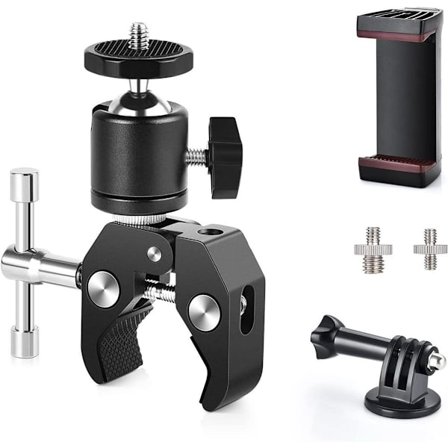 Kamerakiinnitysklemmatilajalustapää matkapuhelinklipsillä ja GoPro-sovittimella KLB