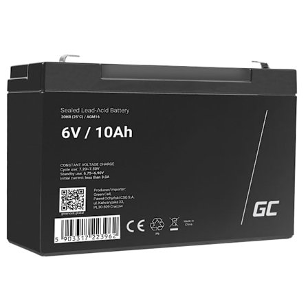 Green Cell 6V 10Ah VRLA Battery for Alarms, Cash Registers & Toys