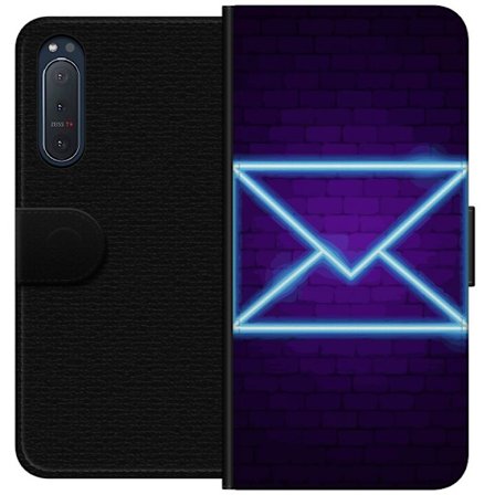 Yhteensopiva Lompakkokotelo Sony Sony Xperia 5 II Neonilta illuustraatio kirjekuoresta sinisessä valossa lila tiiliseinää vasten, nykyaikainen symb