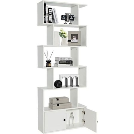 COSTWAY 6-trins bogreol med 2 døre - 70 x 23 x 183 CM - S-form træopbevaringshylde - moderne stil - hvid