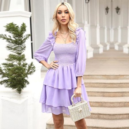 Dame Forår Sommer A-linje Ensfarvet Kjole Firkantet Hals Slim Fit Kagekjoler