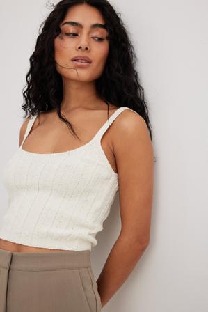 NA-KD Brett ribbstickad kort topp - Linnen - OffVit - XX-Large