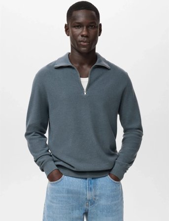 Mango Microstructure Sweater With Zipper Collar - Blue - L