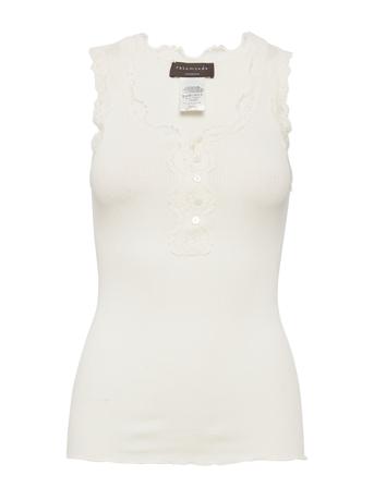Silk Top W/Button & Lace Top Ærmeløs Top Hvid Rosemunde