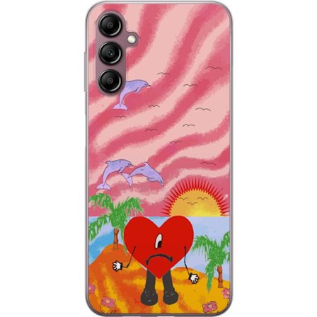 Yhteensopiva Puhelinkuori Samsung Galaxy A14 5G Bad Bunny värikkäässä tikatussa takissa sydänkuvioilla ja aurinkolaseilla modernissa katutyylissä