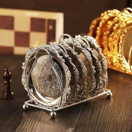 6pcs Classical Golden Cocktail Metal Coaster Continental Vintage Zinc Stainless Steel Silver Plated Gold Plated Mat MJ708
