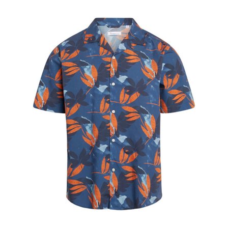Knowledge Cotton Apparel Wave Loose Fit Flower Print Shirt - Gots/Vegan Men short-sleeved shirts Blue S