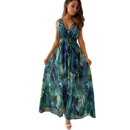 Kvinnor V-ringad Blommönster Boho Print Lång Klänning Hög Midja Sle