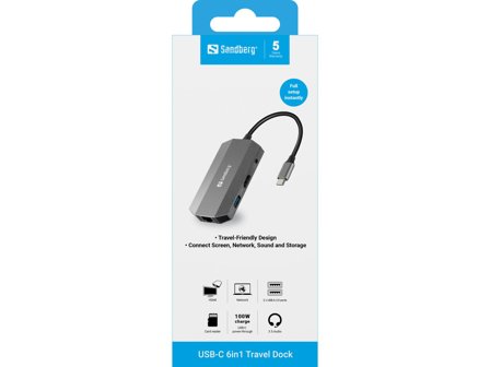 Sandberg USB-C 6-in1 Travel Dock - dokkingstasjon - USB-C - HDMI - 1GbE