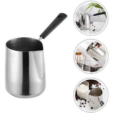 Tjockväggig kaffekopp med långt handtag och varm mjölkmugg