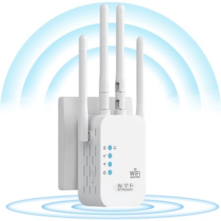 WiFi Repeater, WiFi Signalforstærker, WiFi Booster Extender, 4 Antenner, 2 LAN-porte, Repeater/Router/AP-tilstande, Dækning op til 300 m² WiFi-signal