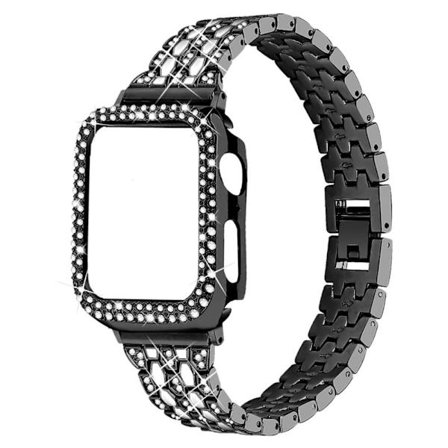 Apple Watch (45mm) fem perler skinnende rhinestone urrem - Sort / Hvid / Sort