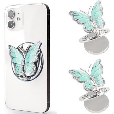 Vihreä 2 KPL Puhelin Sormuspidike Sormituki, Bling Kimalle Metallinen Söpö Perhonen 360° Pyörivä Säädettävä Puhelin Sormusote Tuki