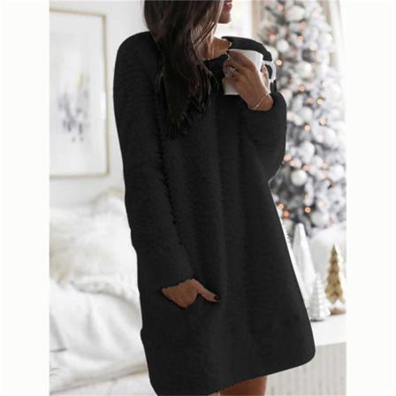 Vinter Kvinnor Varm Klänning Elegant O-neck Enkel Casual Lös Plus