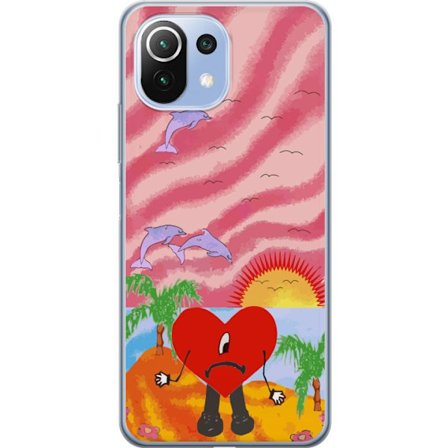 Kompatibelt Mobildeksel til Xiaomi Mi 11 Lite Bad Bunny i en fargerik quiltet jakke med hjertemønster og solbriller i moderne gatestil