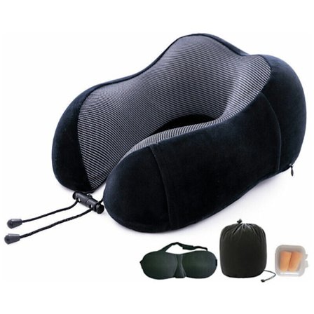 Reisepute-sett, minnefoam nakkepute med maske, ørepropper, bæresekk