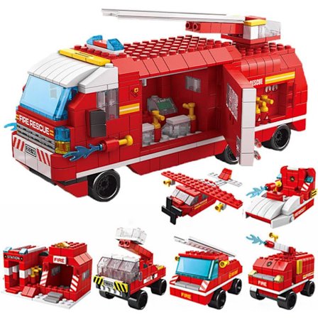 Stadsbrandkårsfordon Byggklossar Set, 6 i 1 Brandbil Helikopter Brandstation Rollspel Leksak Byggsats för Pojkar och Flickor, 1000+PCS