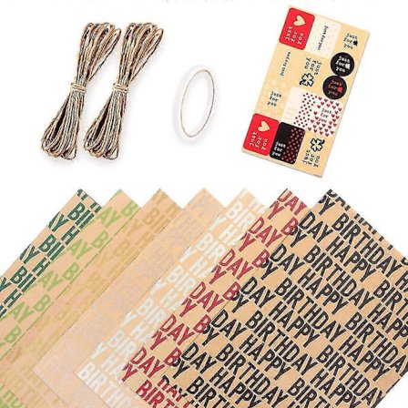 Grattis på födelsedagen Omslagspapper, Presentpapper (7 ark) med presentetiketter Snöre Tejp Klistermärken, 50*70cm